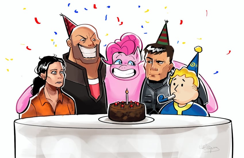 pinkie pie, doomguy, heavy, vault boy, and chell (my little pony and 7 more) drawn by cloudissleeping
