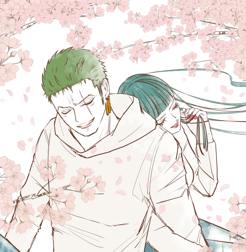 roronoa zoro and kouzuki hiyori (one piece) drawn by sskw_mm