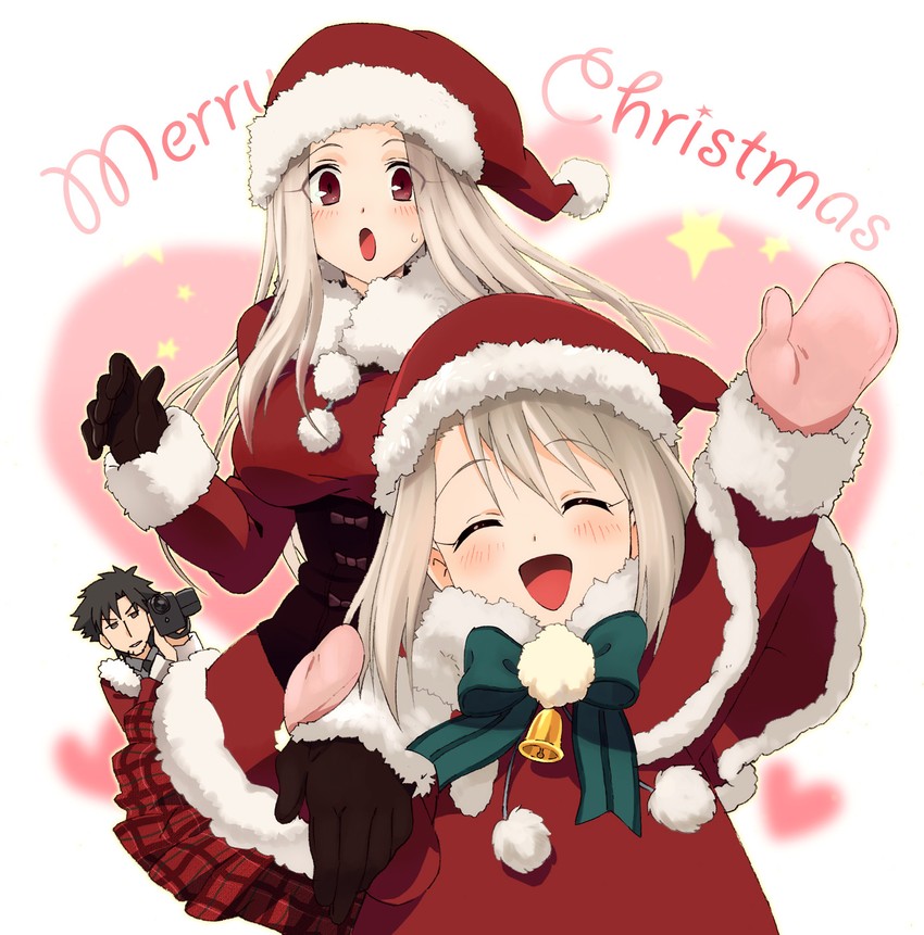 illyasviel von einzbern, emiya kiritsugu, and irisviel von einzbern (fate and 1 more) drawn by umishima_senbon