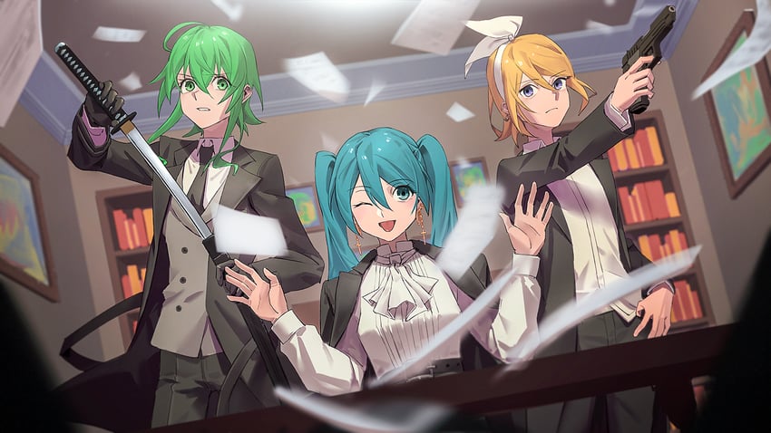 hatsune miku, kagamine rin, and gumi (vocaloid) drawn by wounds404