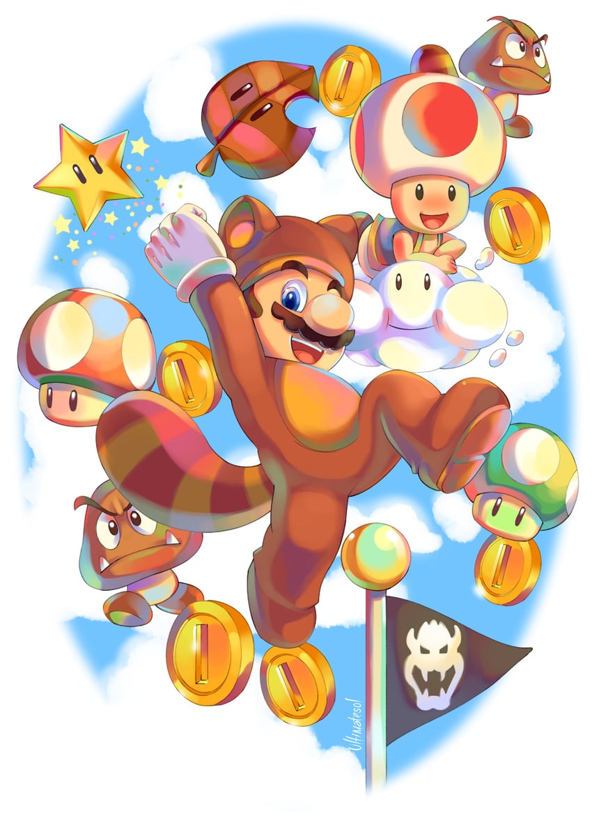 mario, toad, goomba, red toad, and tanuki mario (mario and 1 more) drawn by ultimatesol