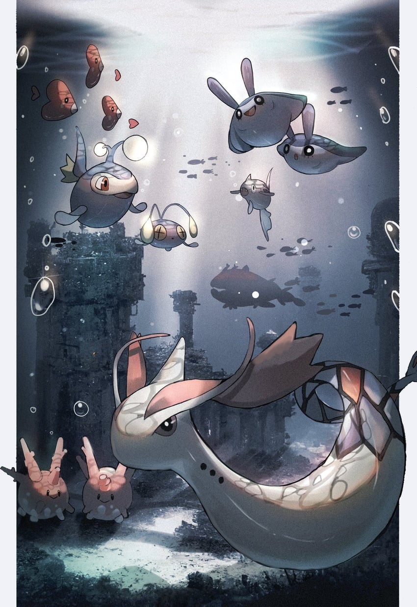 milotic, luvdisc, wishiwashi, corsola, chinchou, and 3 more (pokemon) drawn by reo_(mmocc123)
