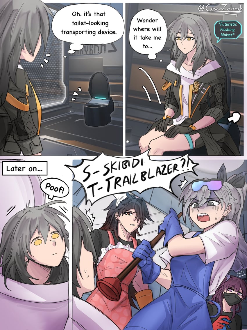 trailblazer, stelle, kafka, silver wolf, and blade (honkai and 2 more) drawn by cesar_zebrah