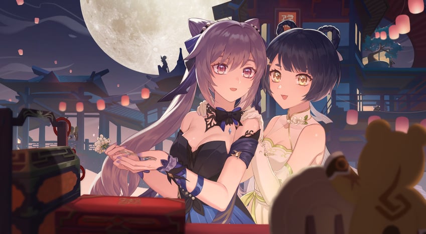 keqing, xiangling, and guoba (genshin impact) drawn by shixue_shaonu_lao