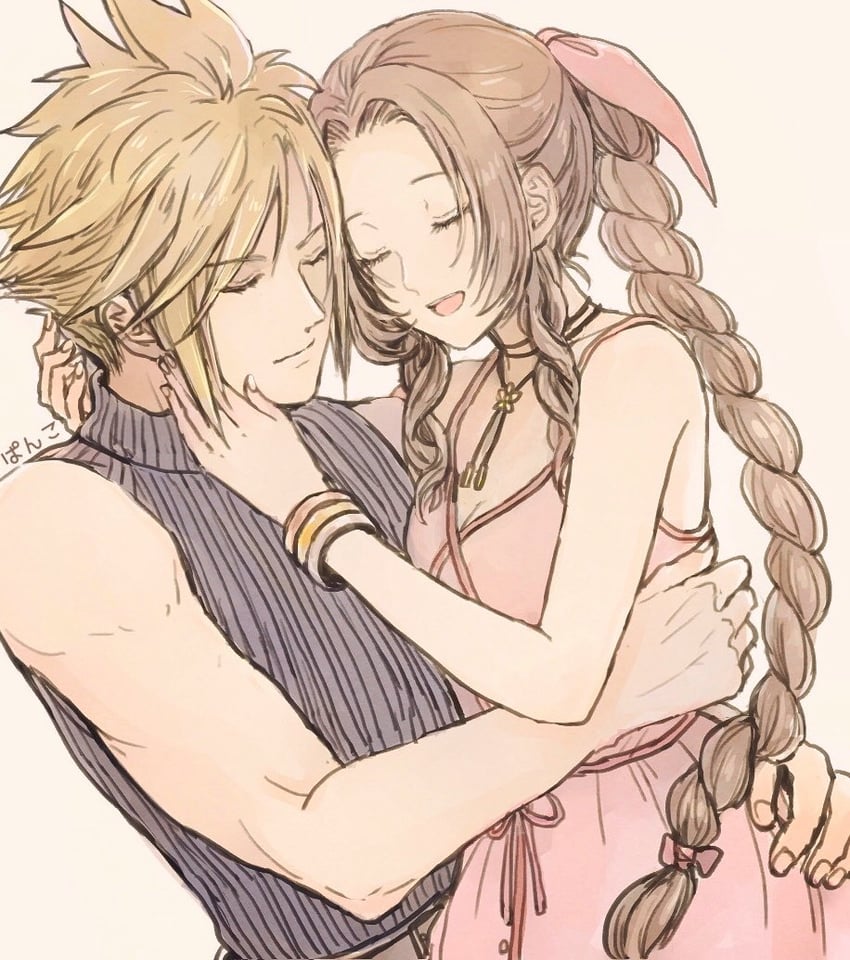 cloud strife and aerith gainsborough (final fantasy and 2 more) drawn by ancotsubu