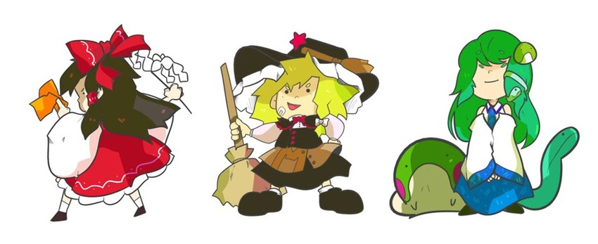hakurei reimu, kirisame marisa, and kochiya sanae (touhou and 1 more) drawn by spacepirate-lu