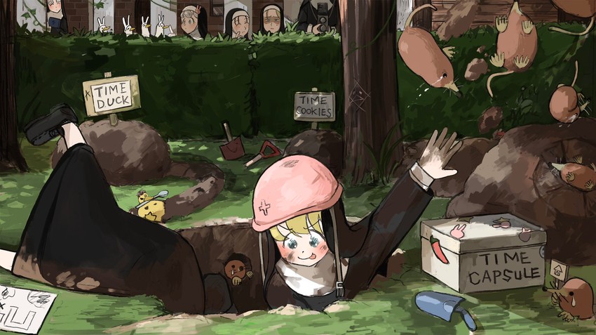 clumsy nun, strict nun, bunny nun, freckles nun, and parted grey nun (little nuns) drawn by diva_(hyxpk)