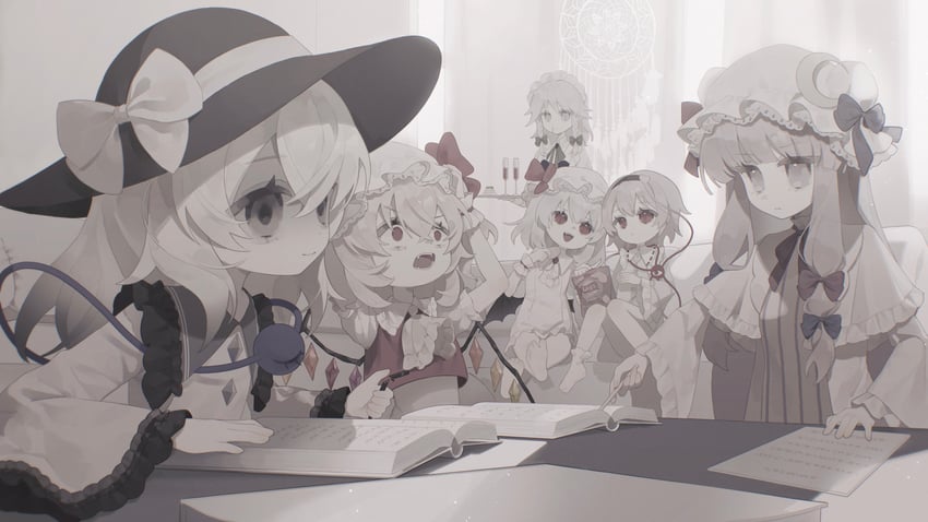 remilia scarlet, flandre scarlet, izayoi sakuya, komeiji koishi, patchouli knowledge, and 1 more (touhou) drawn by rcs_4