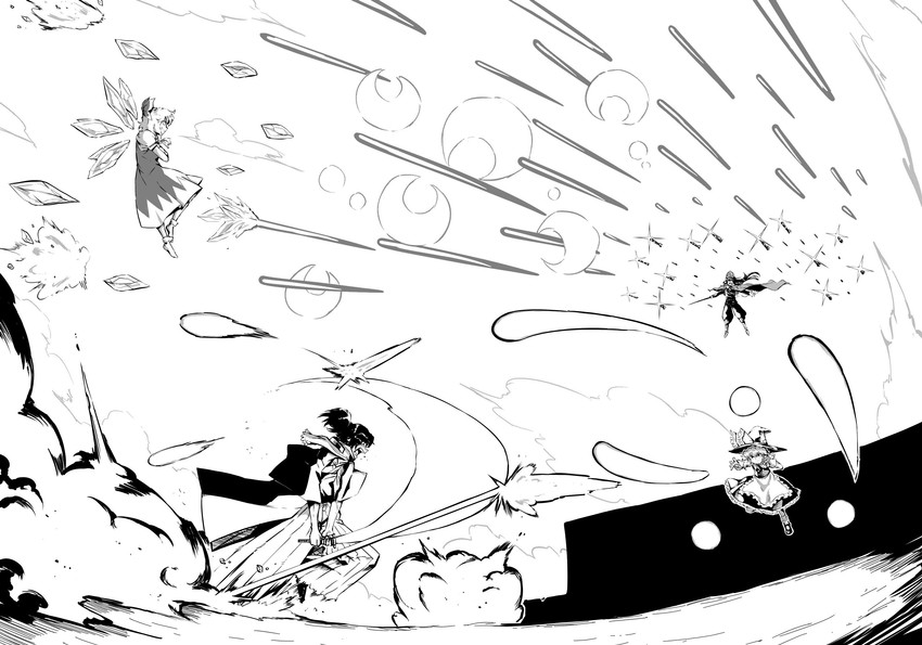 kirisame marisa, cirno, oda nobunaga, and okada izou (touhou and 2 more) drawn by fumato