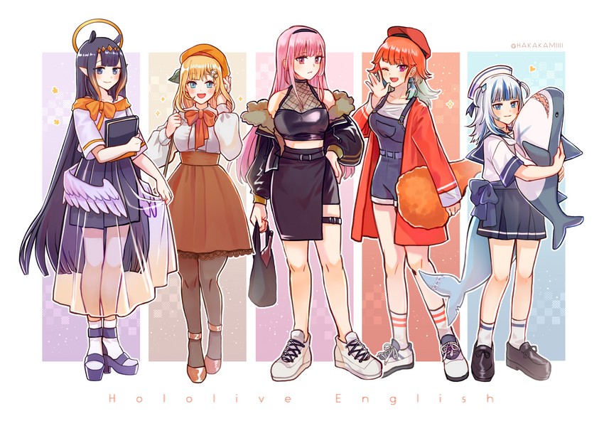 gawr gura, mori calliope, ninomae ina'nis, takanashi kiara, and watson amelia (hololive and 1 more) drawn by hakamii