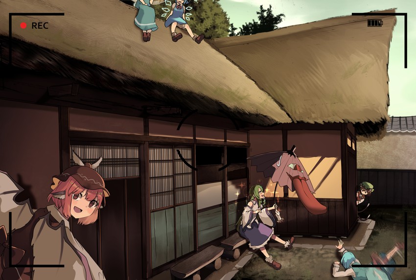 kochiya sanae, cirno, chen, tatara kogasa, mystia lorelei, and 1 more (touhou) drawn by kurowa_(curowa)