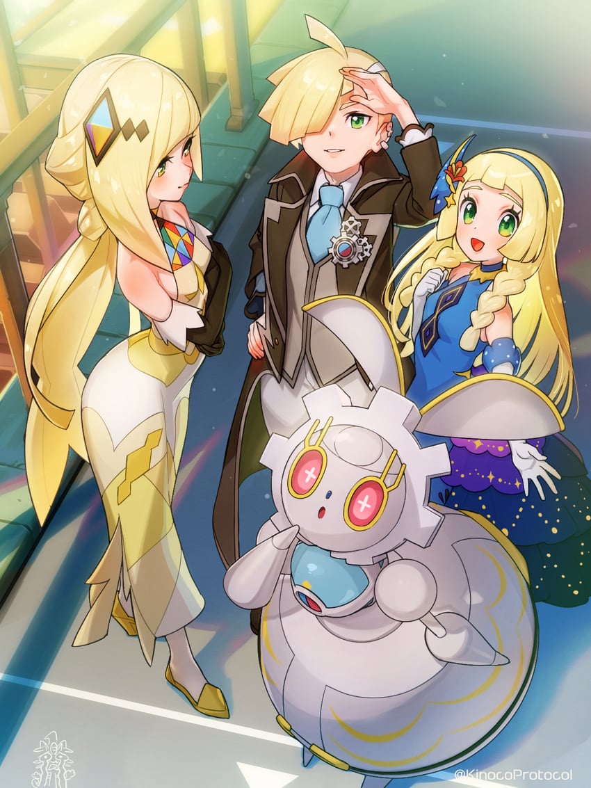 lusamine, gladion, magearna, and lillie (pokemon and 1 more) drawn by kinocopro