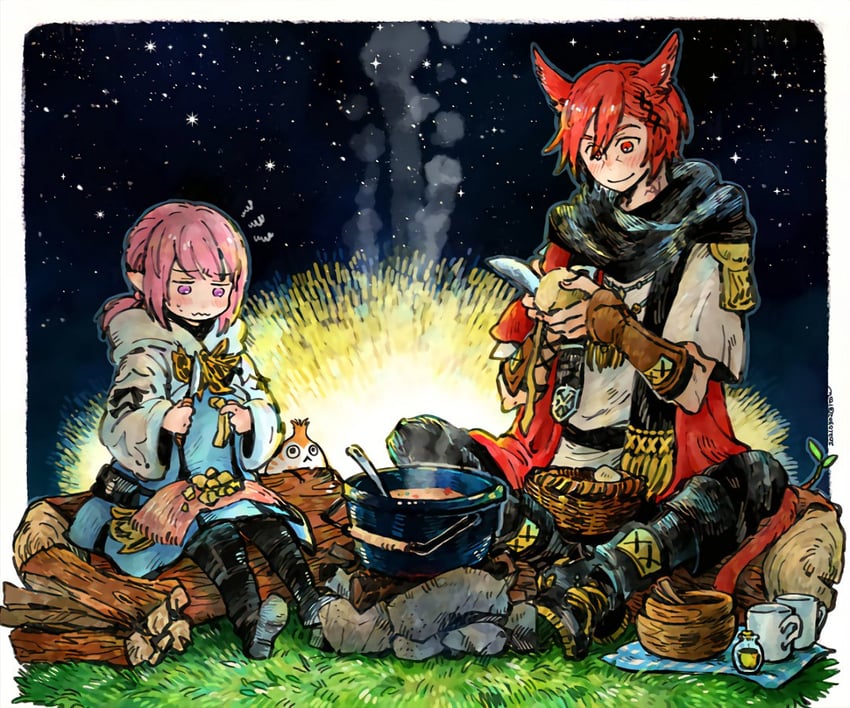warrior of light, g'raha tia, hikasen, and paissa (final fantasy and 1 more) drawn by itowo_(itowc)