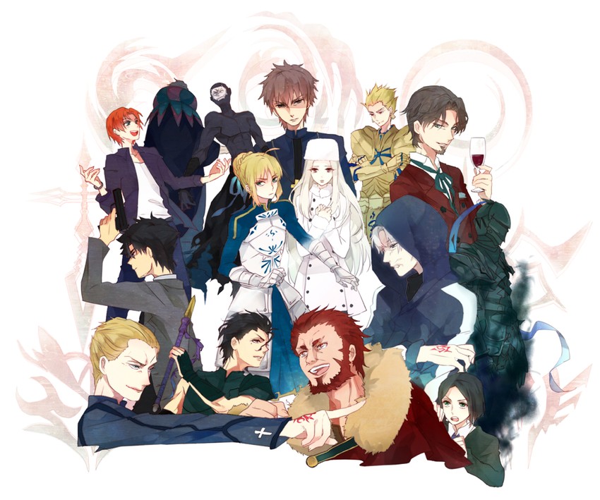 artoria pendragon, saber, gilgamesh, kotomine kirei, iskandar, and 11 more (fate and 1 more) drawn by shijima_tohiro