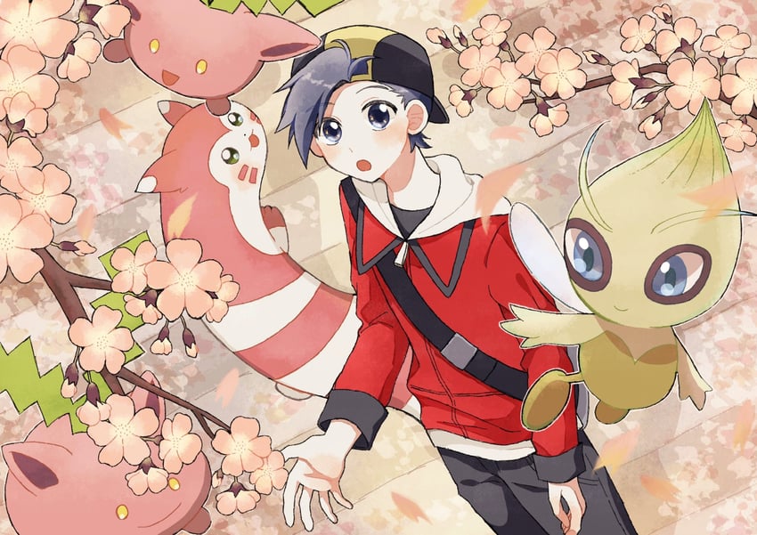 ethan, furret, celebi, and hoppip (pokemon and 1 more) drawn by mikakami1e
