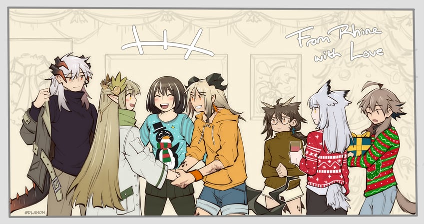 saria, muelsyse, silence, ifrit, ptilopsis, and 3 more (arknights) drawn by dlanon