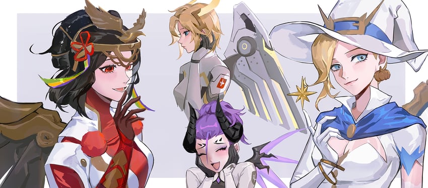 mercy, devil mercy, miko mercy, and mage mercy (overwatch and 1 more) drawn by yshua