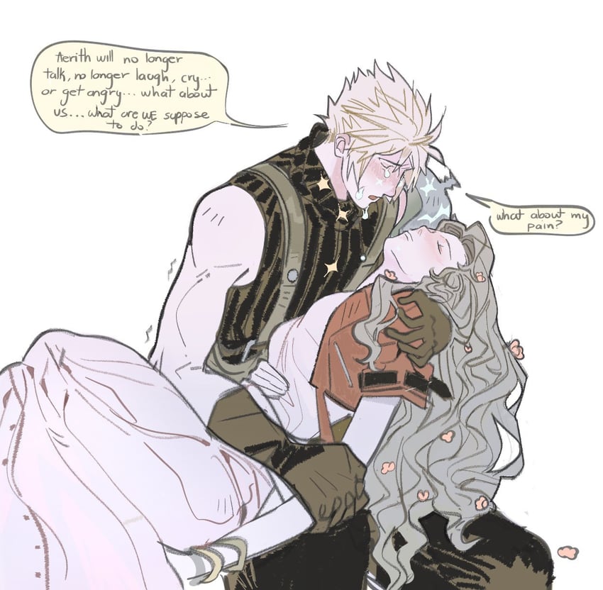 cloud strife and aerith gainsborough (final fantasy and 3 more) drawn by mmmckayyy