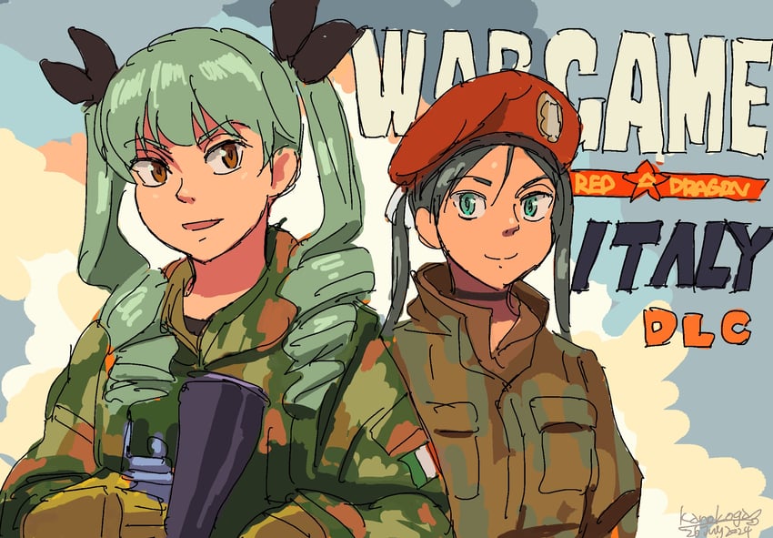 anchovy and francesca lucchini (girls und panzer and 3 more) drawn by kanokoga