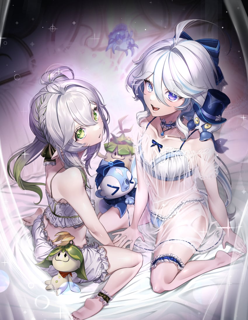 furina, nahida, aranara, surintendante chevalmarin, gentilhomme usher, and 1 more (genshin impact) drawn by manchi_(maaanchiii)