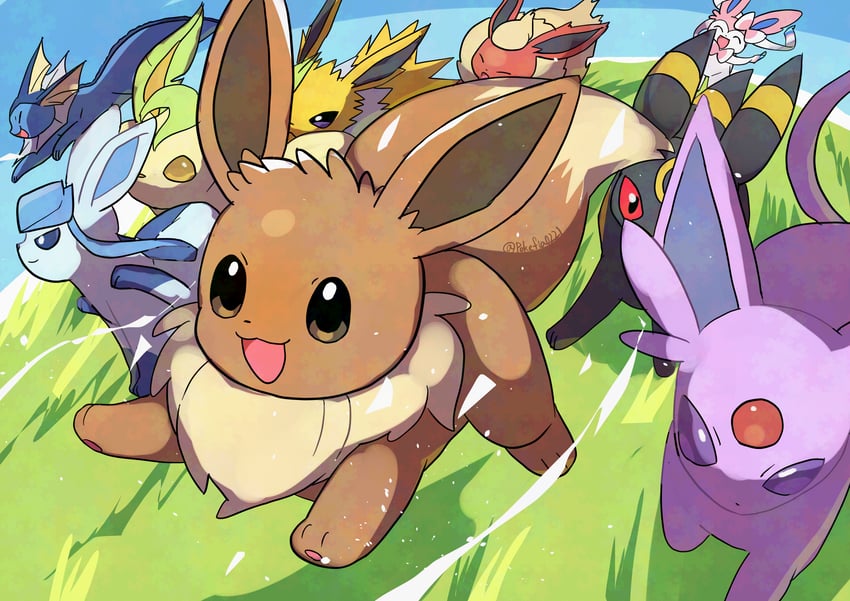 eevee, sylveon, umbreon, glaceon, vaporeon, and 4 more (pokemon) drawn by pokefia