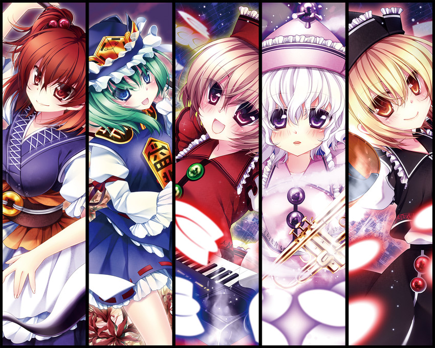 shiki eiki, onozuka komachi, lunasa prismriver, merlin prismriver, and lyrica prismriver (touhou) drawn by mikazuki_sara