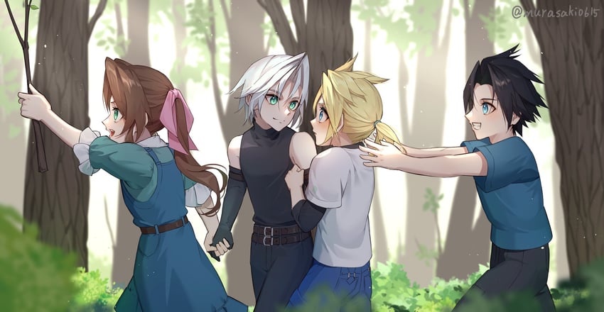 cloud strife, aerith gainsborough, sephiroth, and zack fair (final fantasy and 3 more) drawn by zi_(murasaki0615)