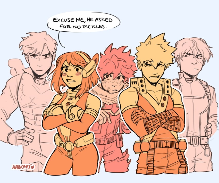 midoriya izuku, bakugou katsuki, uraraka ochaco, todoroki shoto, and iida tenya (boku no hero academia) drawn by habkart