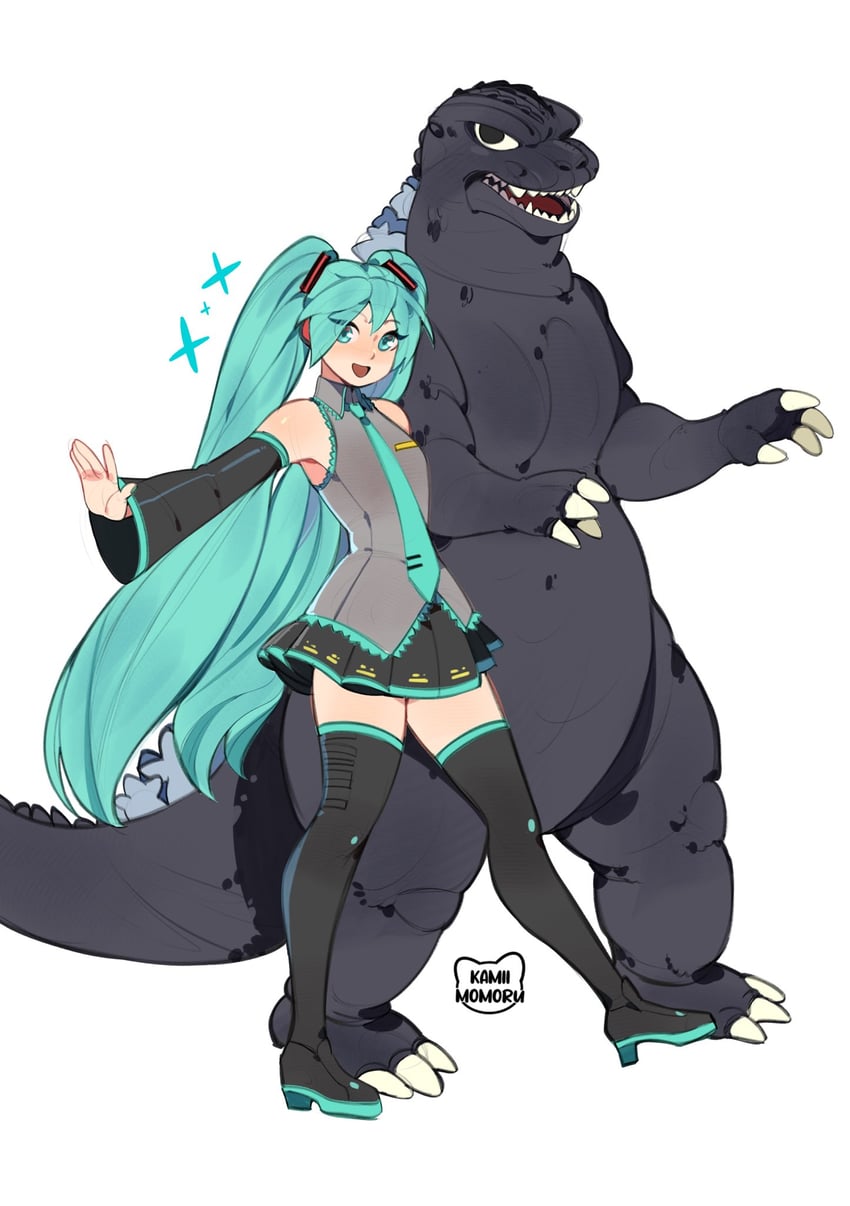 hatsune miku and godzilla (vocaloid) drawn by kamii_momoru
