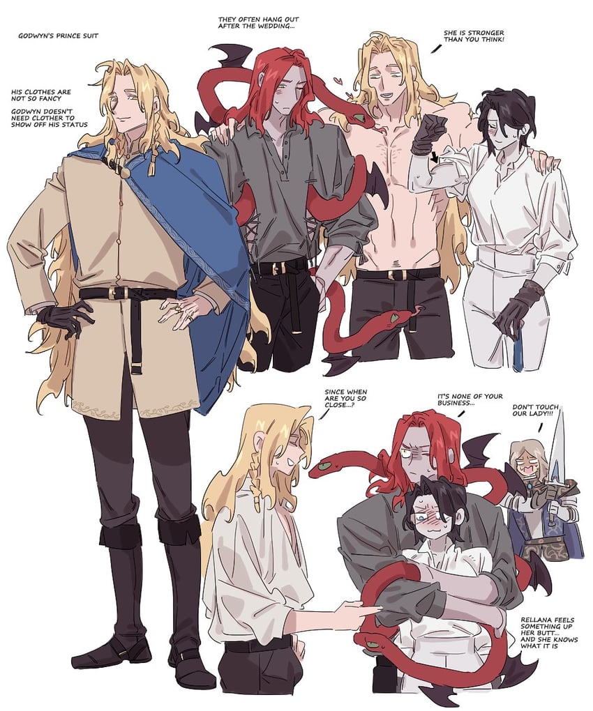 messmer the impaler, rellana twin moon knight, godwyn the golden, and moonrithyll carian knight (elden ring and 1 more) drawn by nozakikotaro4