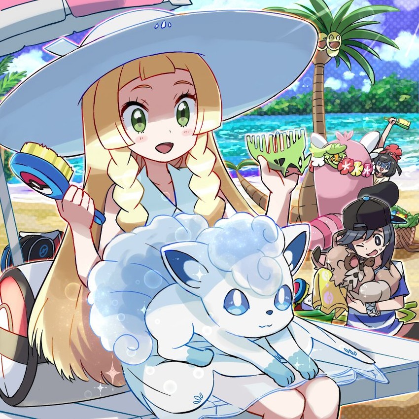 lillie, selene, elio, alolan vulpix, tyranitar, and 4 more (pokemon and 1 more) drawn by kingin
