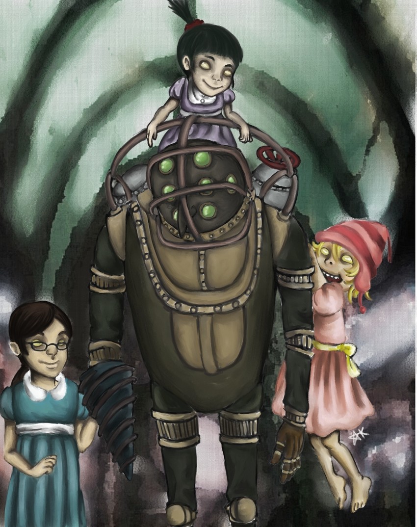 big daddy, little sister, gru, agnes, margo, and 1 more (bioshock and 1 more) drawn by bun_e