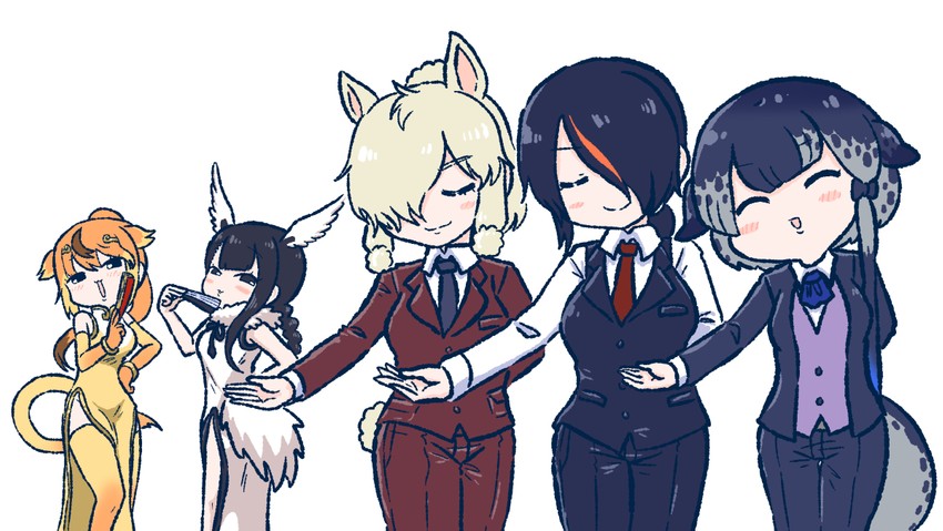 emperor penguin, alpaca suri, golden snub-nosed monkey, narwhal, and black-headed ibis (kemono friends) drawn by kotobuki_(tiny_life)