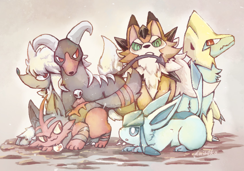 glaceon, lycanroc, houndoom, furfrou, manectric, and 1 more (pokemon) drawn by haineko_05