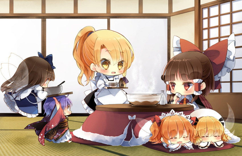 hakurei reimu, kirisame marisa, sukuna shinmyoumaru, star sapphire, luna child, and 1 more (touhou) drawn by piyokichi