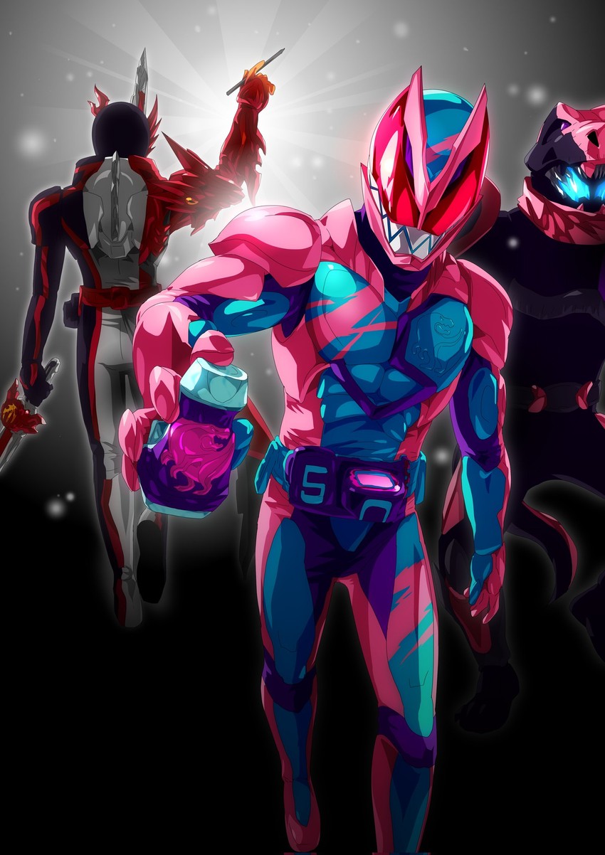 kamen rider revi, kamen rider vice, and kamen rider saber (kamen rider and 2 more) drawn by otokamu