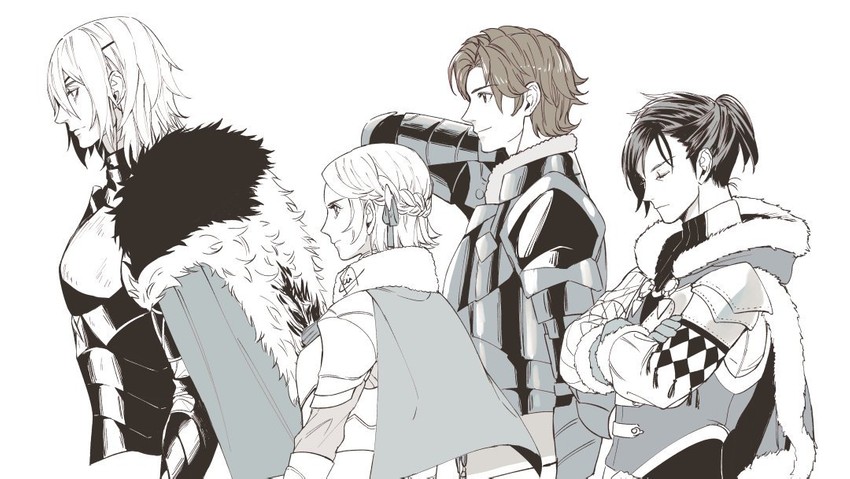 dimitri alexandre blaiddyd, ingrid brandl galatea, sylvain jose gautier, and felix hugo fraldarius (fire emblem and 1 more) drawn by krazehkai
