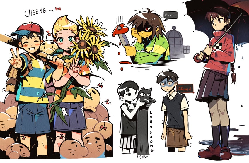 sunny, omori, madotsuki, kris, ness, and 3 more (omori and 5 more) drawn by 9twoeight
