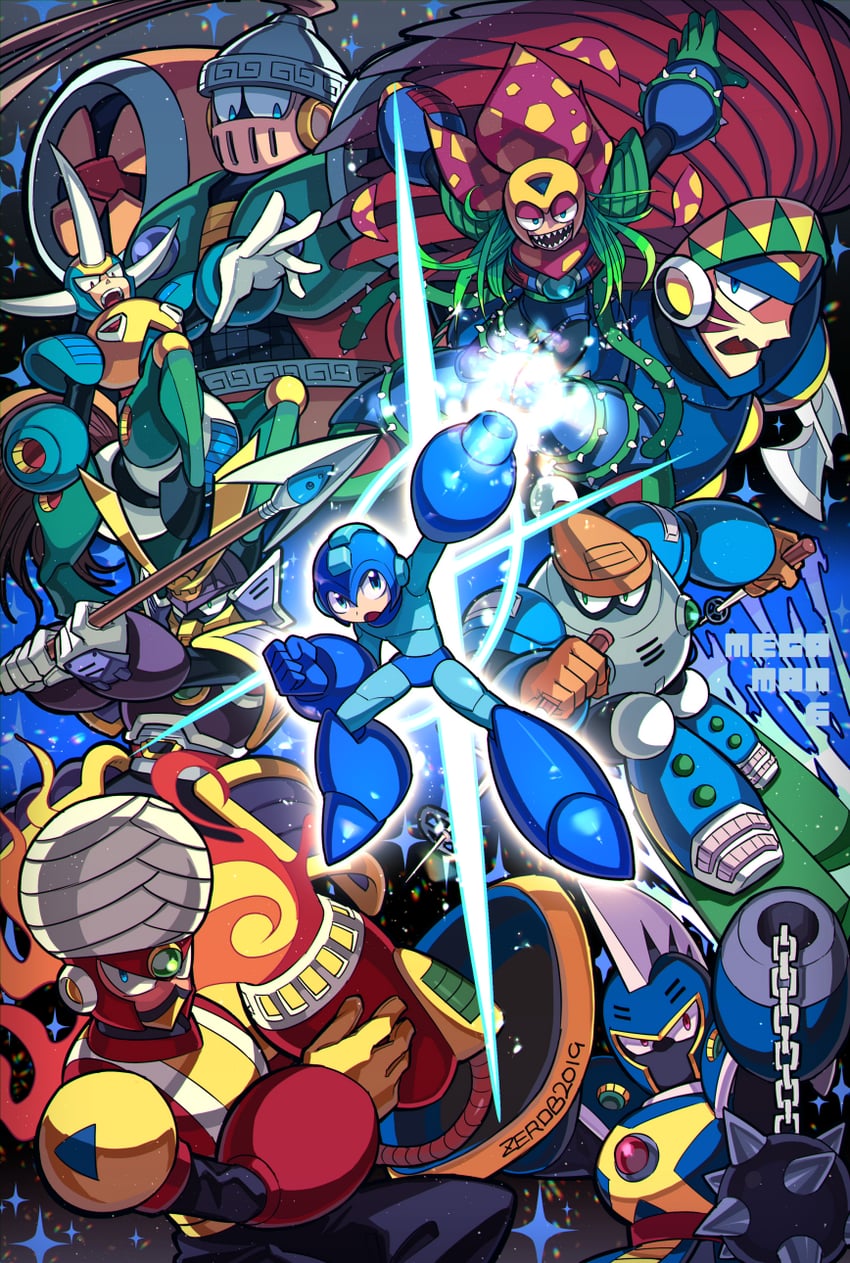 mega man, blizzard man, centaur man, knight man, wind man, and 4 more (mega man and 1 more) drawn by borezet