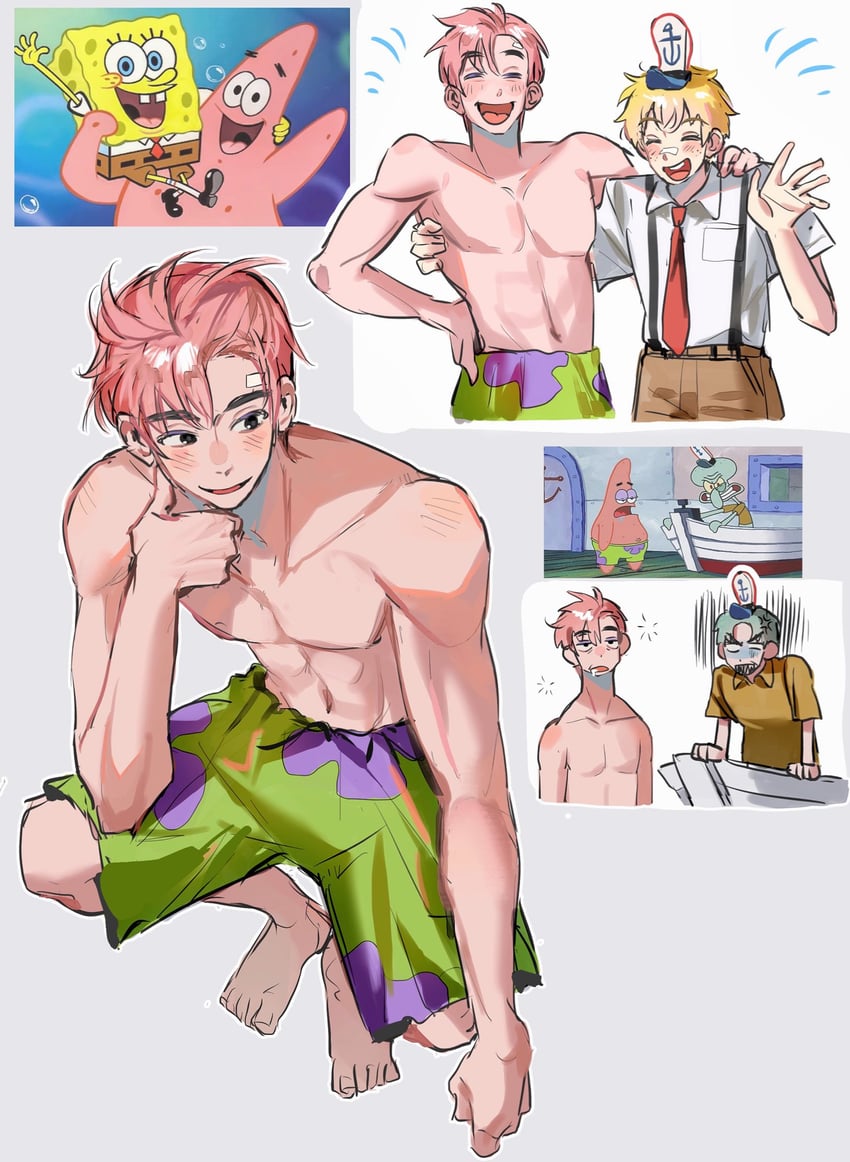 spongebob squarepants, patrick star, and squidward tentacles (spongebob squarepants) drawn by yamu_(ym3443)