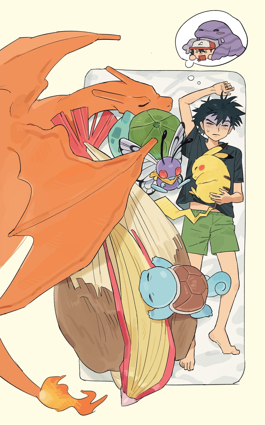 pikachu, ash ketchum, bulbasaur, squirtle, butterfree, and 2 more (pokemon) drawn by p_oxo7