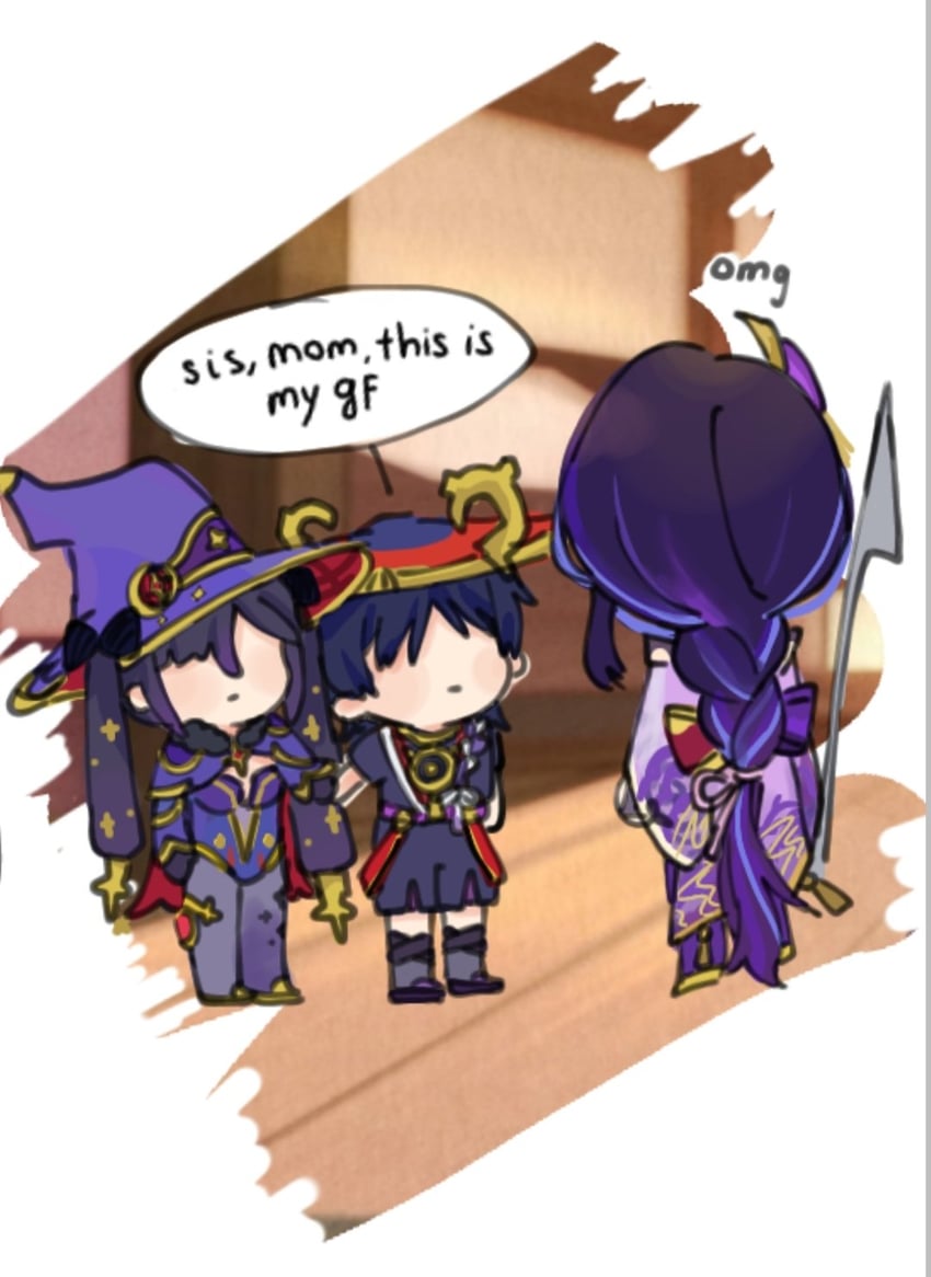 raiden shogun, scaramouche, and mona (genshin impact) drawn by dengjenk