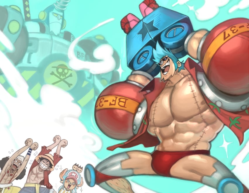 monkey d. luffy, tony tony chopper, usopp, franky, and franky shogun (one piece) drawn by kelvin_hiu