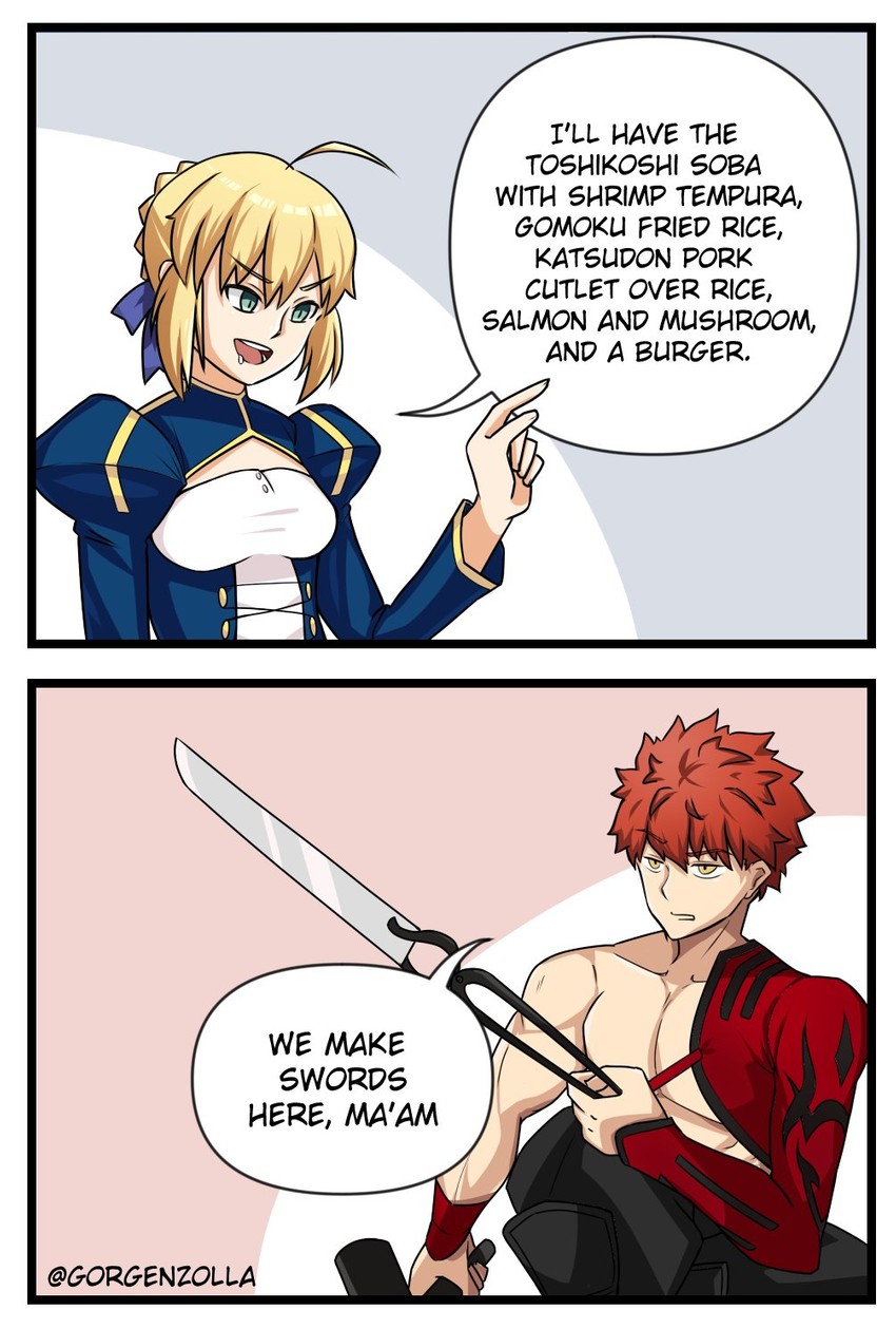 artoria pendragon, saber, emiya shirou, and senji muramasa (fate and 1 more) drawn by gorgenzolla