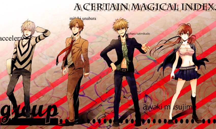 accelerator, musujime awaki, tsuchimikado motoharu, unabara mitsuki, and etzali (toaru majutsu no index and 1 more) drawn by shoko_makiko