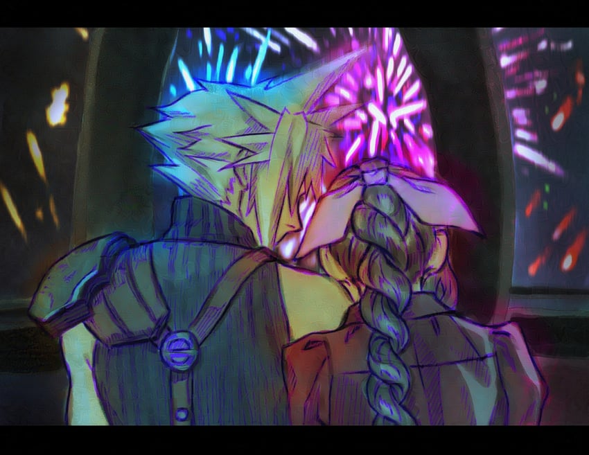 cloud strife and aerith gainsborough (final fantasy and 3 more) drawn by ff7_ree