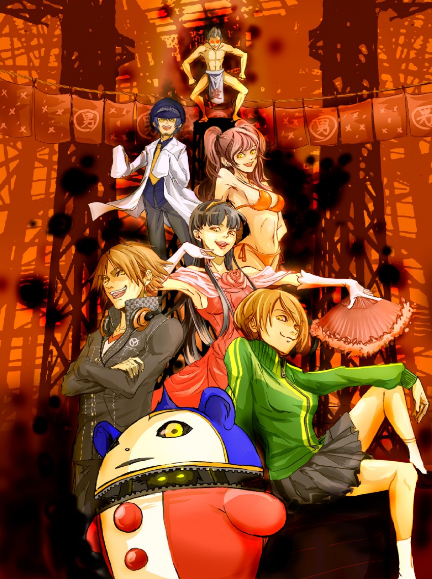 shirogane naoto, satonaka chie, kujikawa rise, amagi yukiko, hanamura yousuke, and 9 more (persona and 1 more) drawn by kiwo