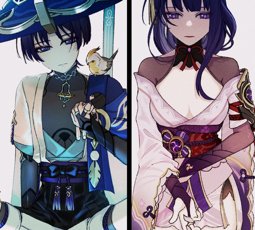 raiden shogun, scaramouche, and wanderer (genshin impact) drawn by hakulilly