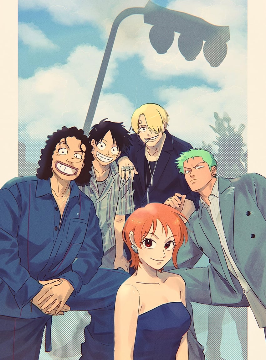 nami, monkey d. luffy, roronoa zoro, sanji, and usopp (one piece) drawn by komucom03
