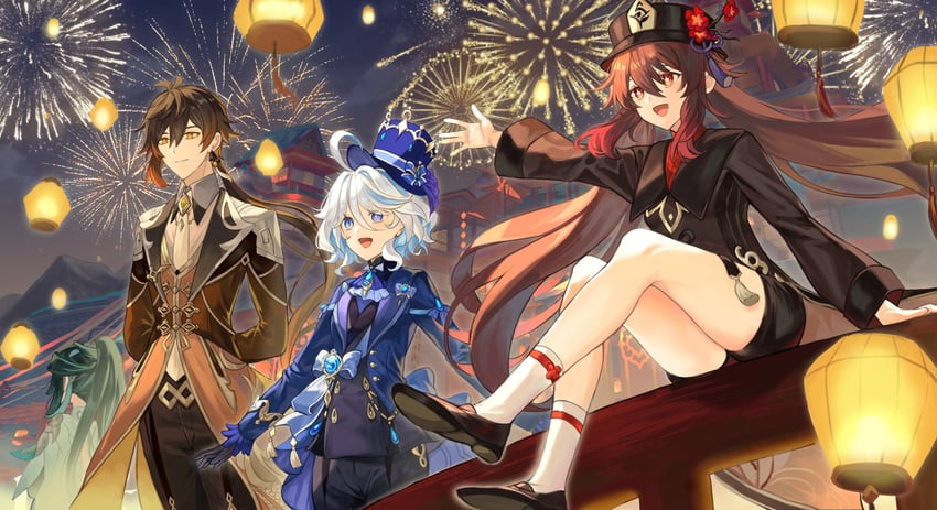 hu tao, furina, zhongli, and xianyun (genshin impact) drawn by kanangnsn